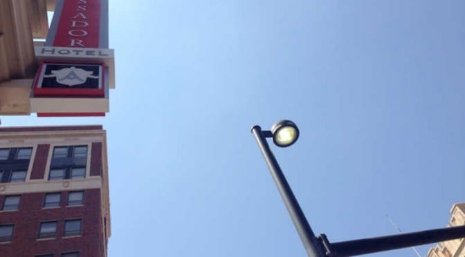 On a sunny day in downtown Wichita you can see the street lights