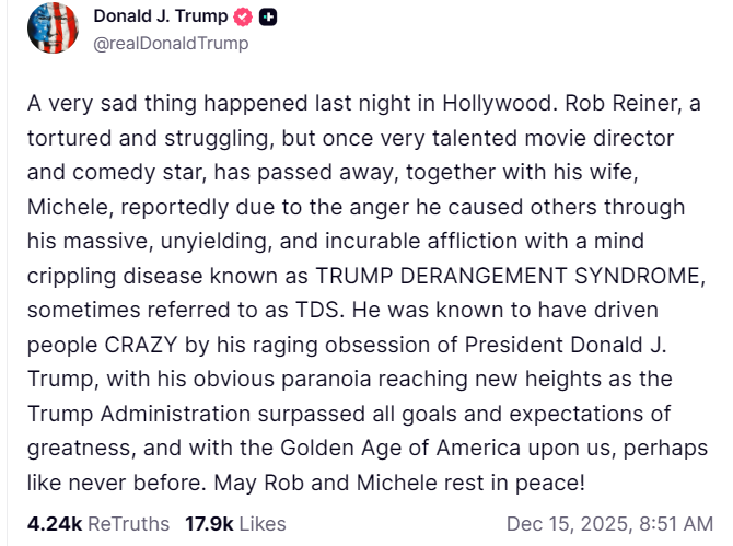 Evaluation: Trump Responds to Death of Rob Reiner