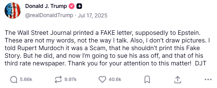 Trump’s Defamation Suit Against the Wall Street Journal Survives — But Just Barely